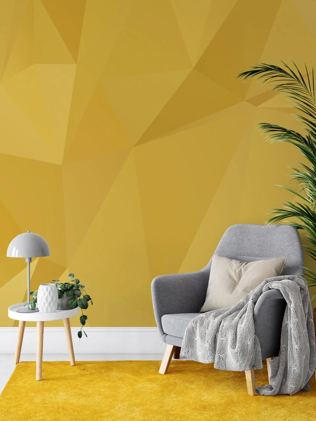 Yellow Abstract Triangles Geometric Pattern Wallpaper, Modern 3D Peel & Stick Wall Mural