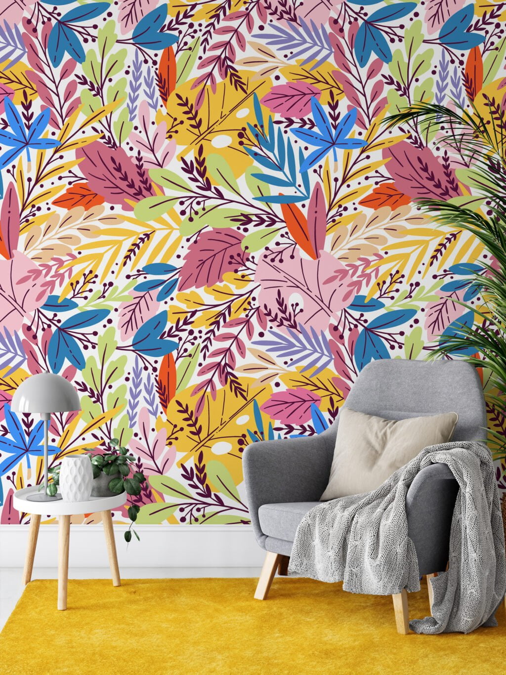 Colorful leaves Illustration Wallpaper, Vibrant Leaf Pattern Peel & Stick Wall Mural