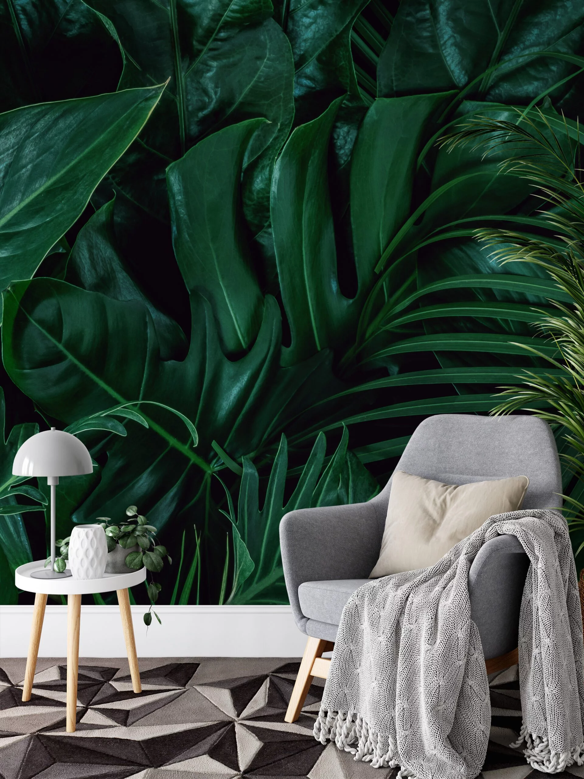 Large Dark Green Tropical Leaves Wallpaper, Lush Botanical Peel & Stick Wall Mural