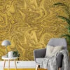 Sparkly Gold Yellow Marble Illustration Wallpaper, Abstract Liquid Gold Swirl Peel & Stick Wall Mural