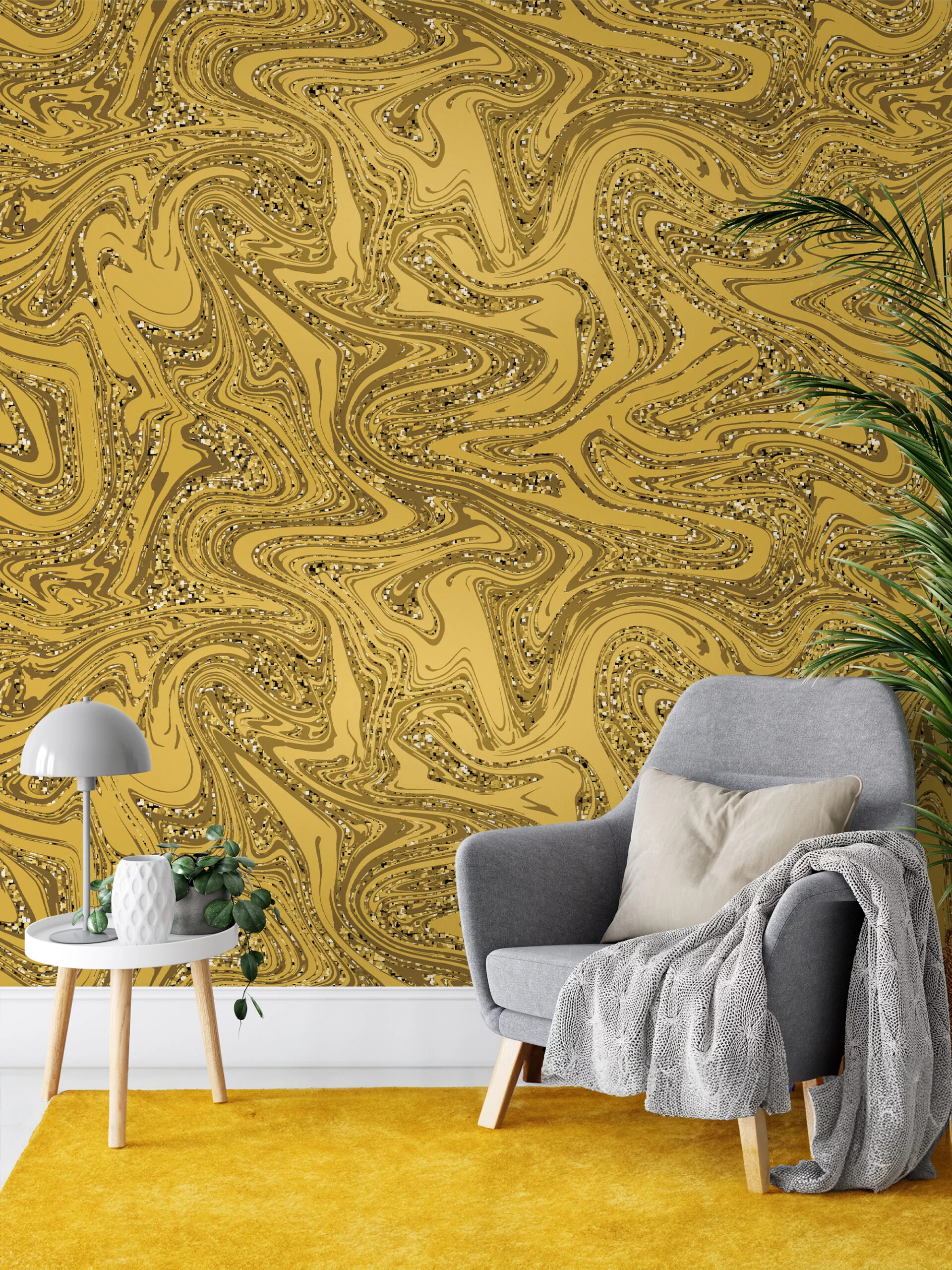 Sparkly Gold Yellow Marble Illustration Wallpaper, Abstract Liquid Gold Swirl Peel & Stick Wall Mural