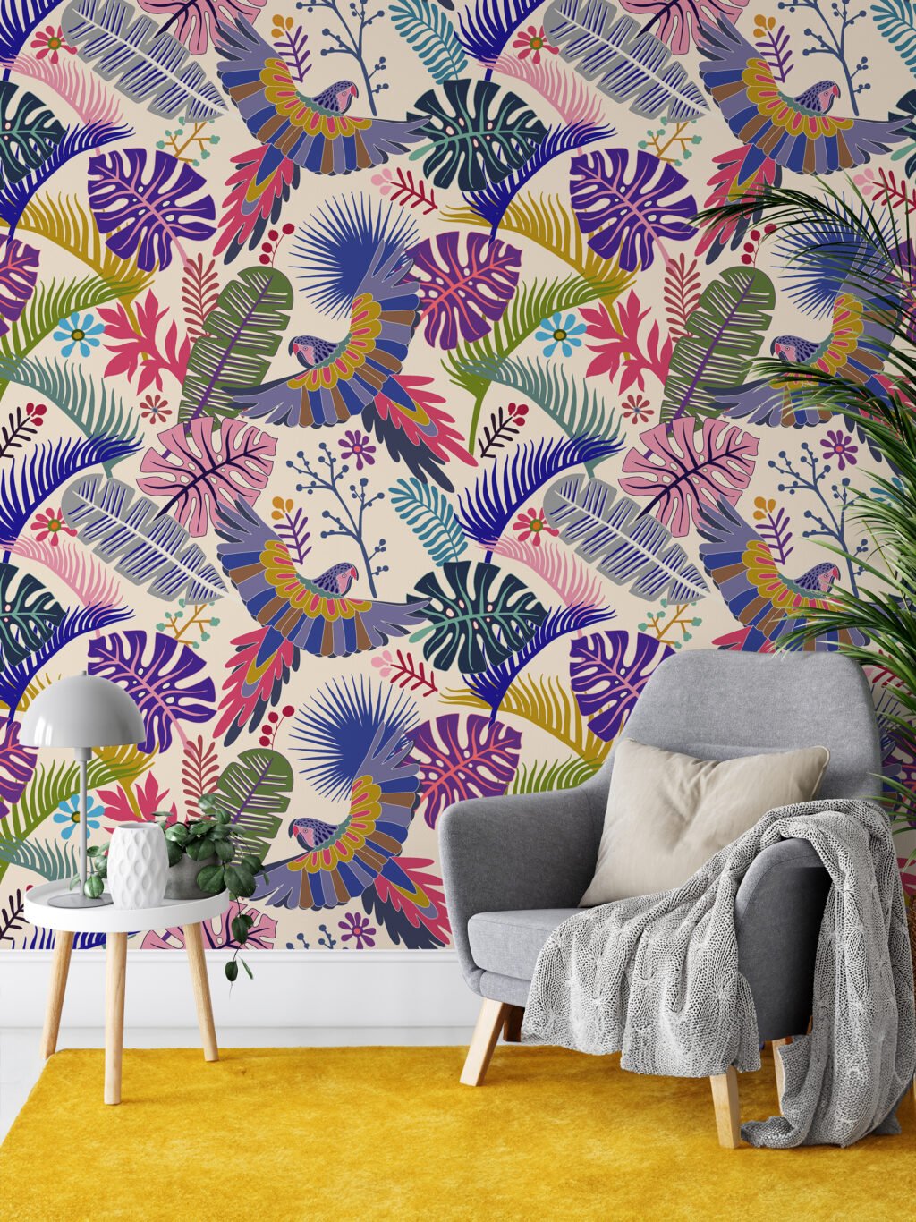 Colorful Tropical Illustration With Parrots Wallpaper, Vibrant Tropical Foliage Peel & Stick Wall Mural