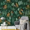 Green Leaves With Leopards And Girl Illustration Wallpaper, Wild Nature-Inspired Decor Peel & Stick Wall Mural