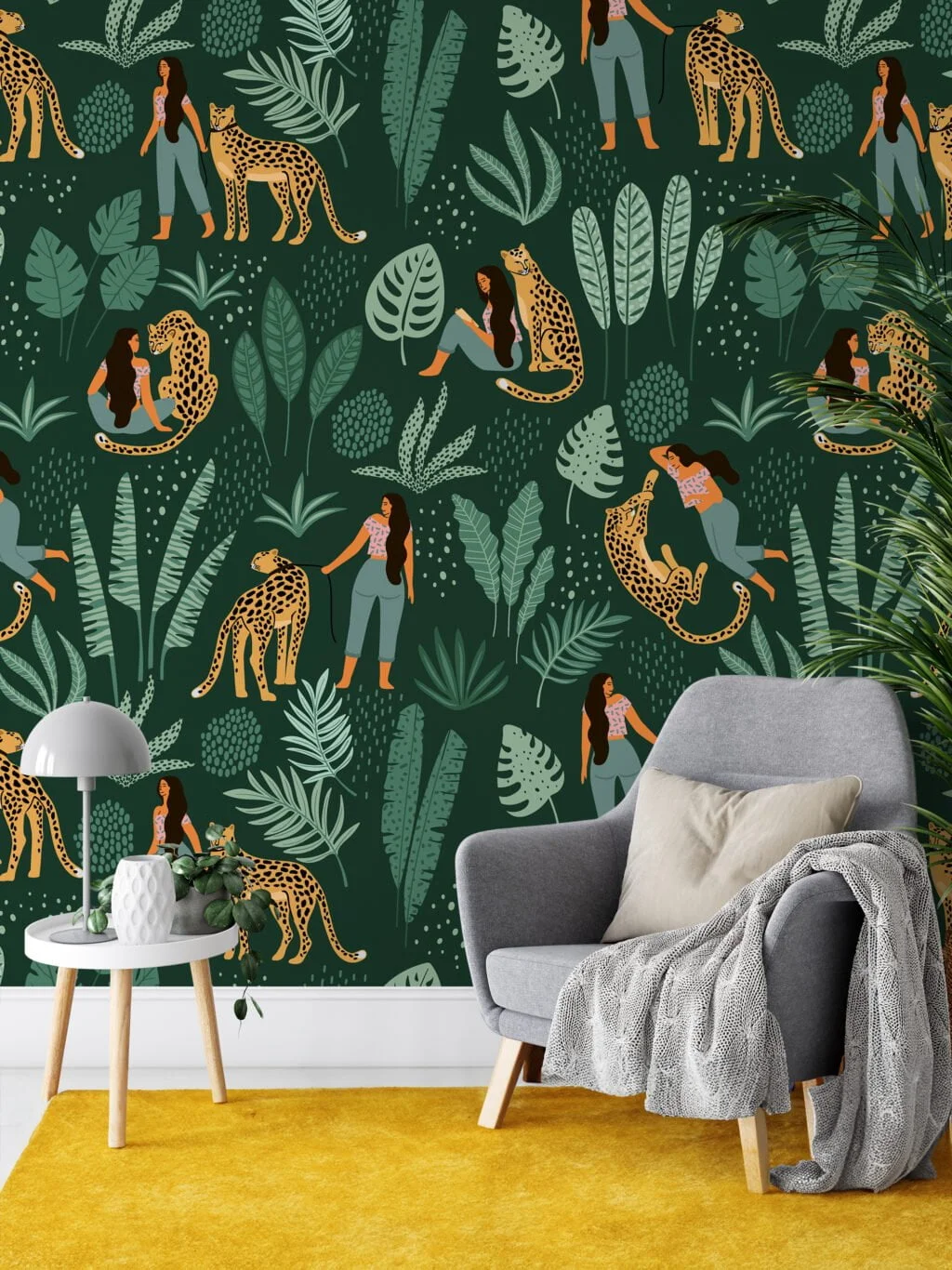 Green Leaves With Leopards And Girl Illustration Wallpaper, Wild Nature-Inspired Decor Peel & Stick Wall Mural