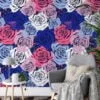 Colorful Abstract Roses Pattern Wallpaper, Bold Blue & Pink Floral Design Peel & Stick Wall Mural
