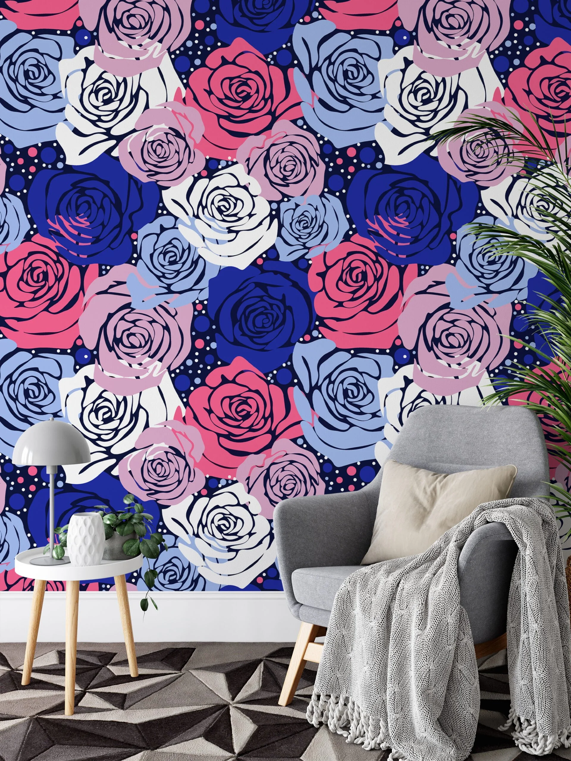 Colorful Abstract Roses Pattern Wallpaper, Bold Blue & Pink Floral Design Peel & Stick Wall Mural