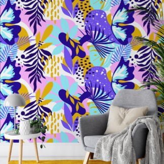 Large Colorful Abstract Leaves Illustration Wallpaper, Vibrant Tropical Peel & Stick Wall Mural