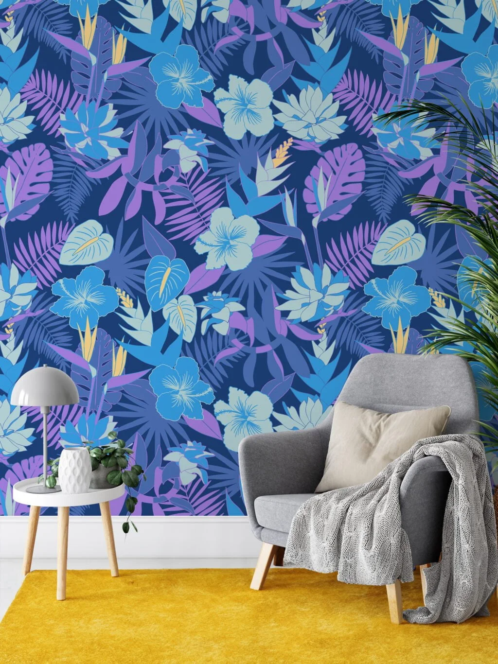 Blue And Purple Hued Floral Illustration Wallpaper, Vibrant Tropical Night Floral Peel & Stick Wall Mural