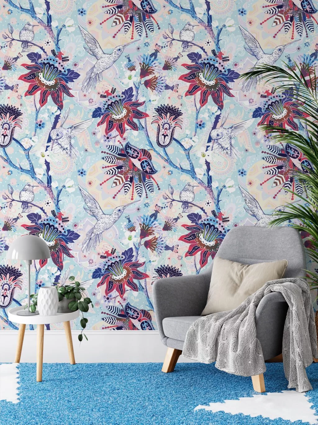 Floral Paisley Pattern With Hummingbirds Illustration Wallpaper, Whimsical Birds and Florals Peel & Stick Wall Mural