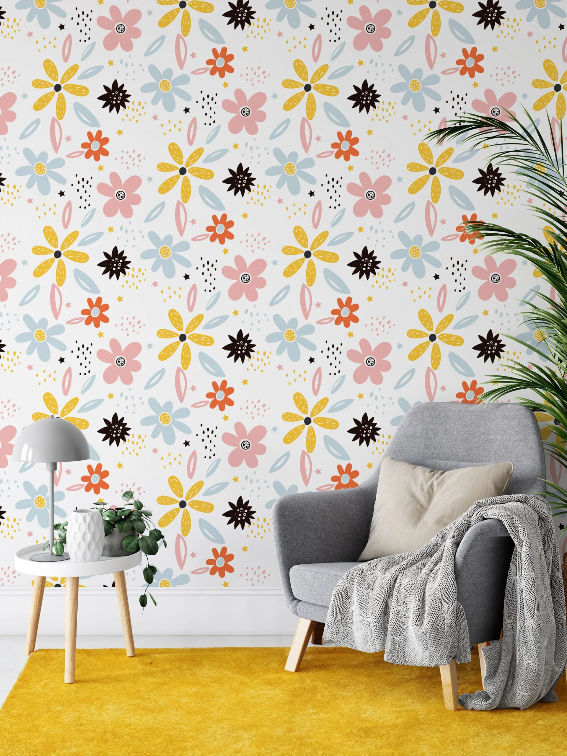 Floral Flat Art Flowers With A White Background Wallpaper, Charming Floral Peel & Stick Wall Mural
