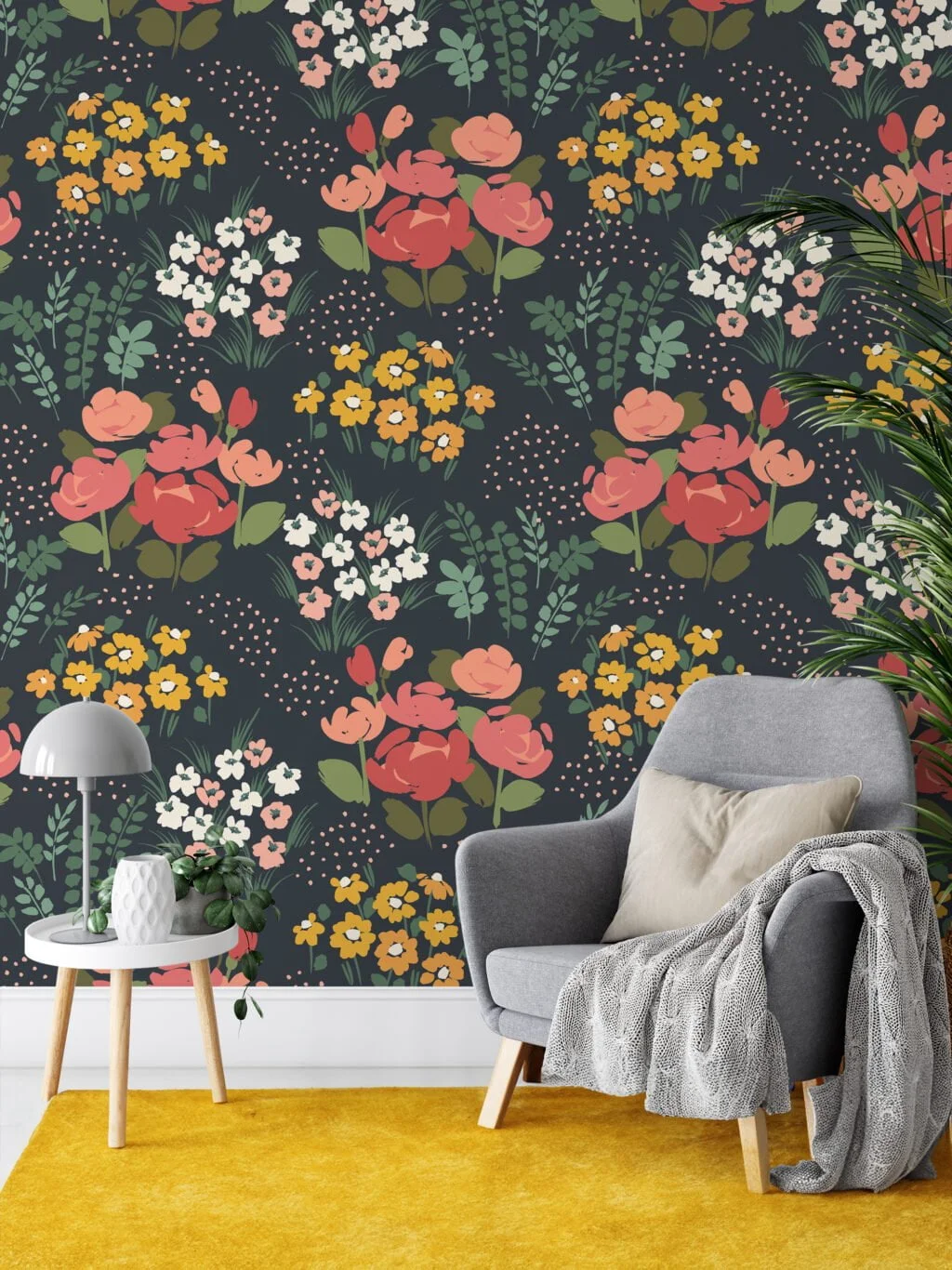 Midnight Flat Art Flowers And Bouquets Illustration Wallpaper, Vintage Bouquets On Black Peel & Stick Wall Mural