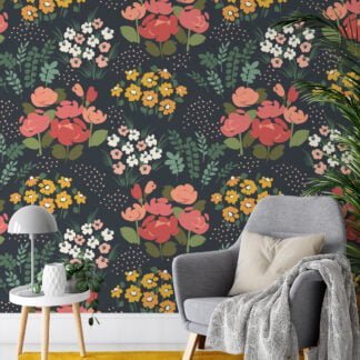 Midnight Flat Art Flowers And Bouquets Illustration Wallpaper, Vintage Bouquets On Black Peel & Stick Wall Mural