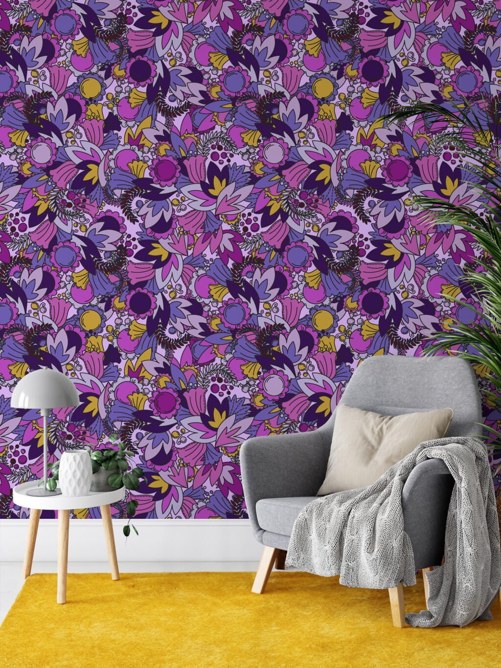 Purple Shades Floral Illustration Wallpaper, Bold and Contemporary Design Peel & Stick Wall Mural