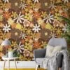 70's Style Large Yellow And Orange Flowers Illustration Wallpaper, Retro Autumn Floral Peel & Stick Wall Mural