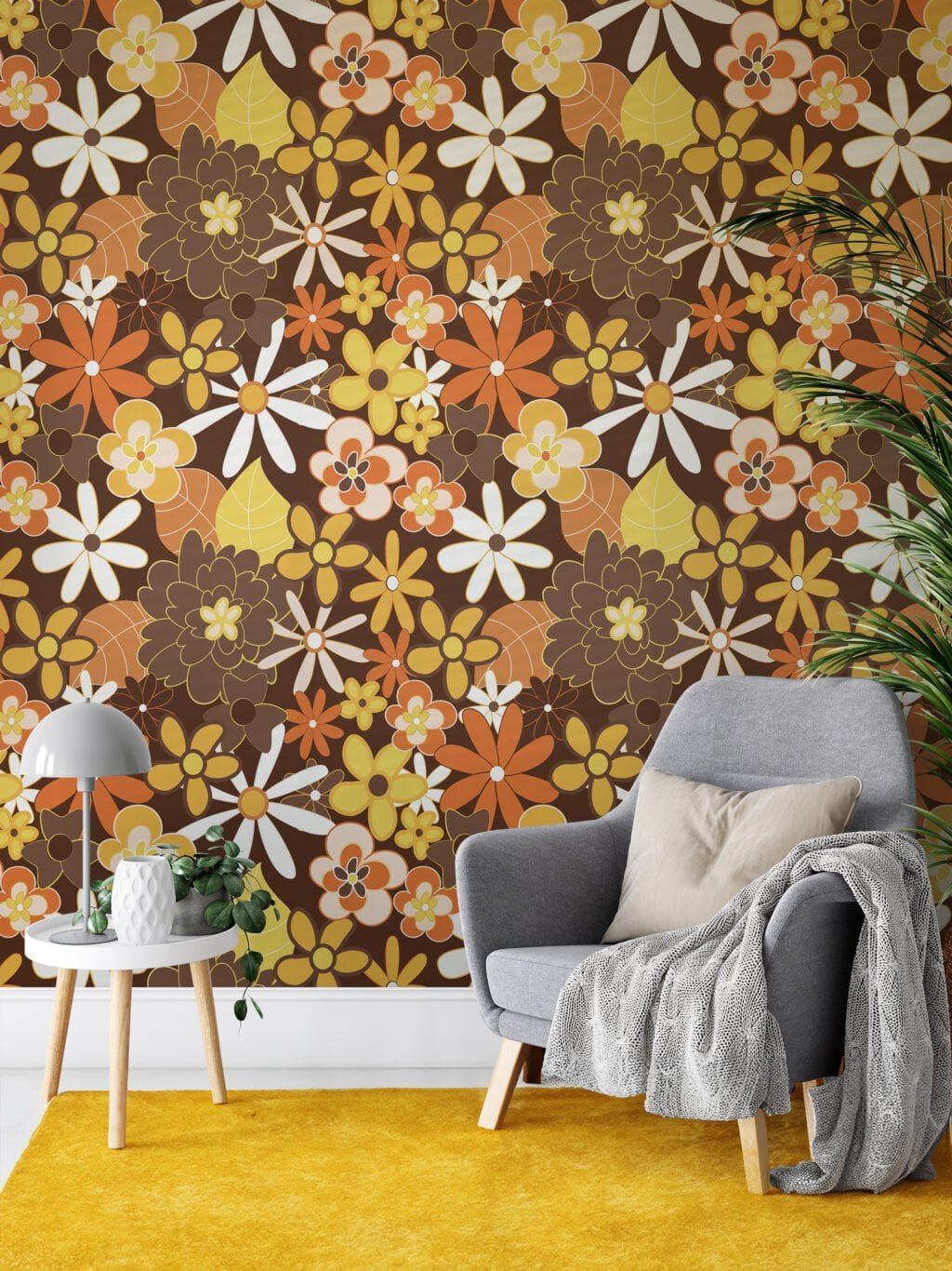 70's Style Large Yellow And Orange Flowers Illustration Wallpaper, Retro Autumn Floral Peel & Stick Wall Mural