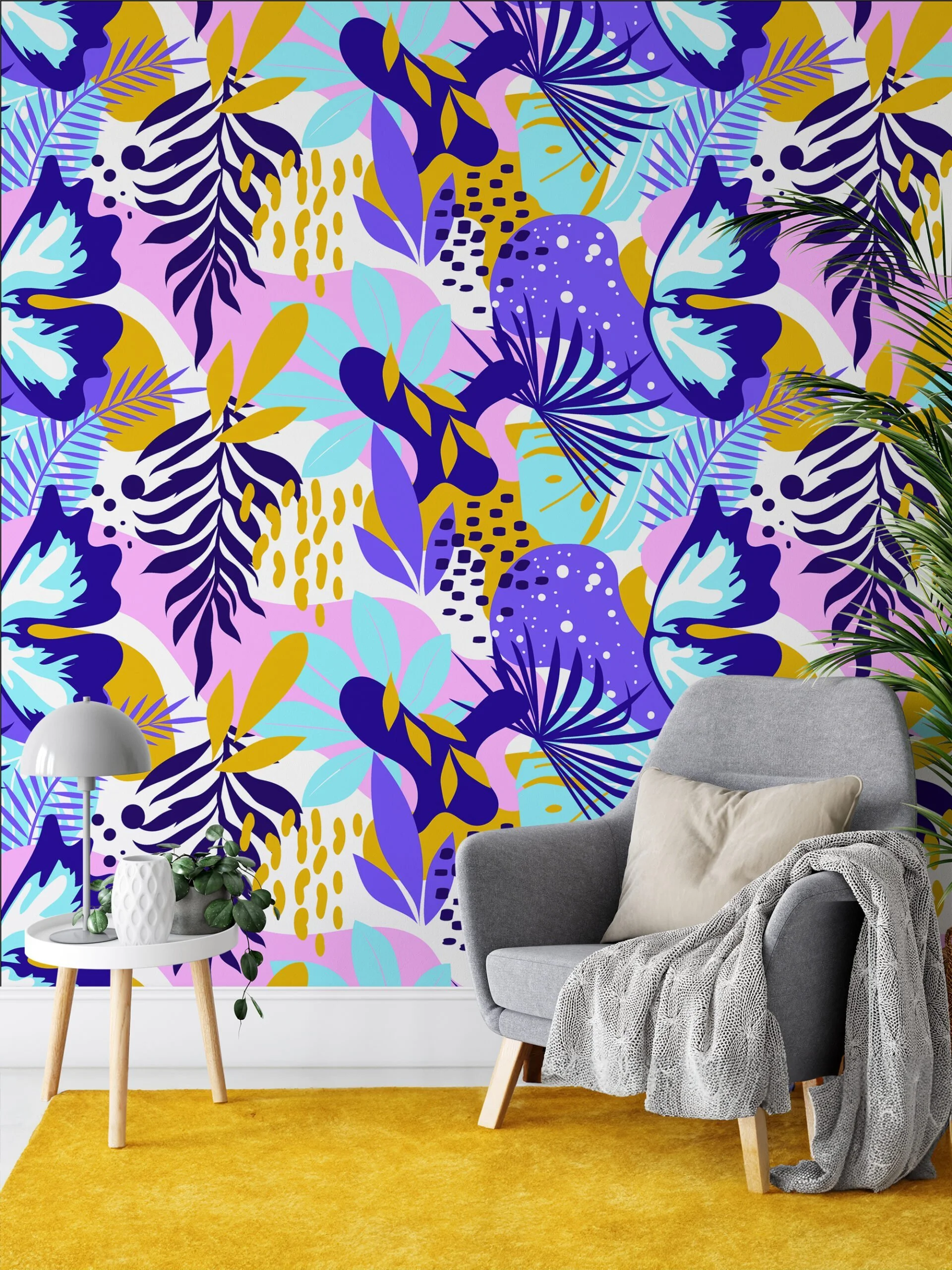 Large Colorful Abstract Leaves Illustration Wallpaper, Vibrant Tropical Peel & Stick Wall Mural