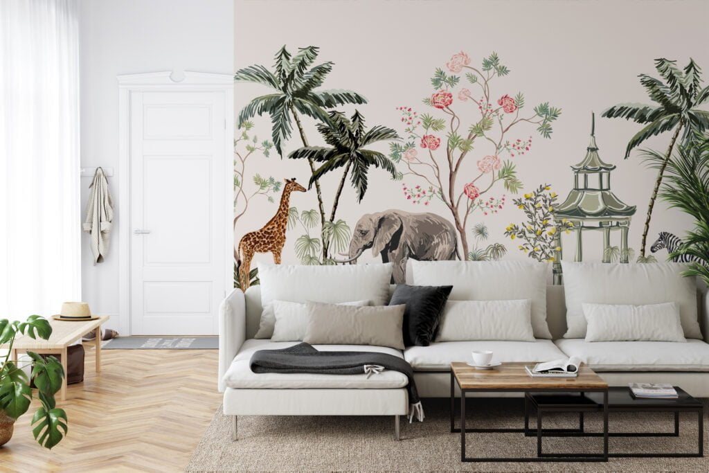 Safari Animals And Palm Trees Illustration With A light Background Wallpaper, Exotic Animal Chinoiserie Peel & Stick Wall Mural