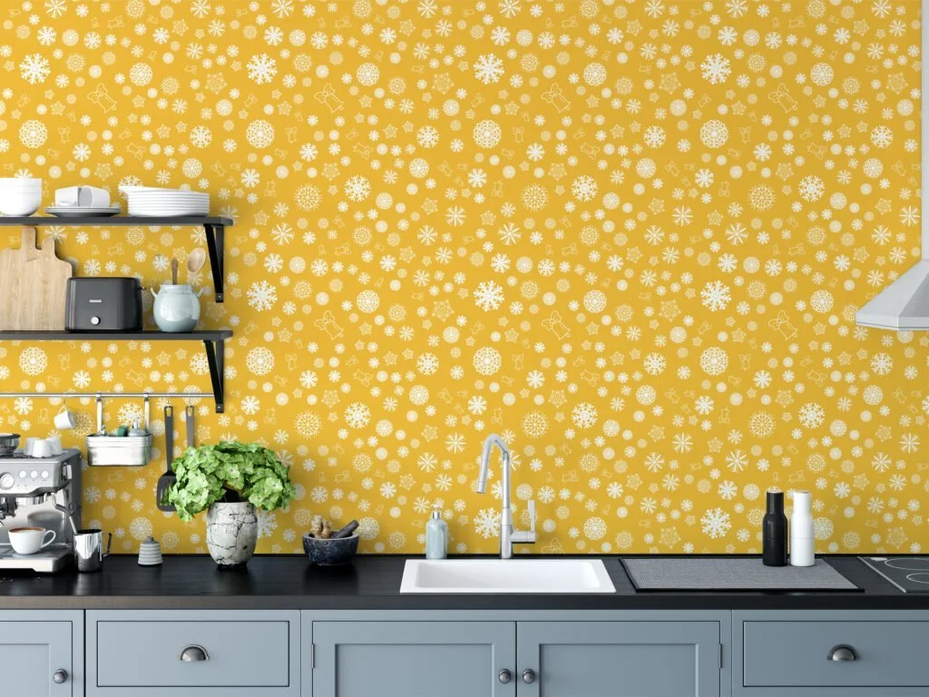 White Snowflakes On A Yellow Background Illustration Wallpaper, Whimsical and Warm Peel & Stick Wall Mural