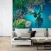 Large Parrot and Monstera Leaves With Blue Background Wallpaper, Vibrant & Tropical Peel & Stick Wall Mural