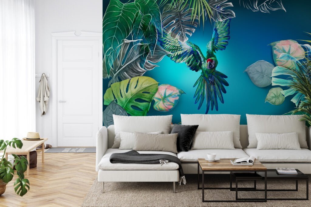 Large Parrot and Monstera Leaves With Blue Background Wallpaper, Vibrant & Tropical Peel & Stick Wall Mural