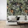 Watercolor Style Tropical Wallpaper With Exotic Animals And A Dark Background, Lush Dark Jungle Peel & Stick Wall Mural