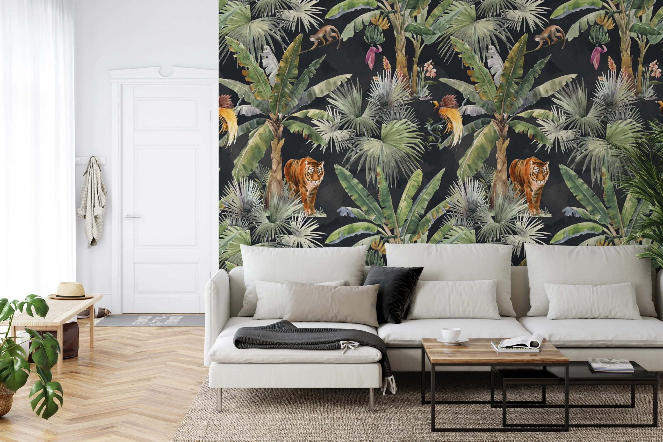 Watercolor Style Tropical Wallpaper With Exotic Animals And A Dark Background, Lush Dark Jungle Peel & Stick Wall Mural