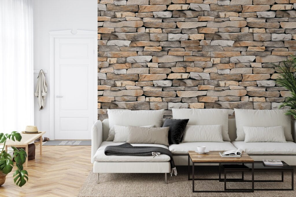 Rustic Style Stone Brick Wall Wallpaper, Natural Stacked Stone Peel & Stick Wall Mural