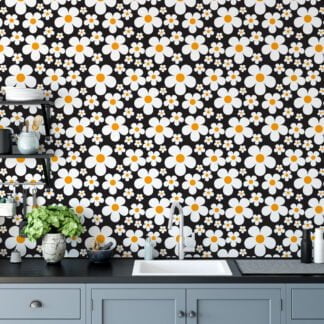 Cartoon Style Daisies Wallpaper, Chic Daisy Delight Peel & Stick Wall Mural