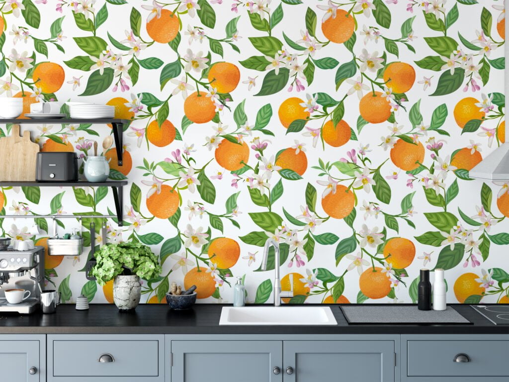 Oranges And Flowers Illustration Wallpaper, Fresh Oranges and Blossoms Design Peel & Stick Wall Mural
