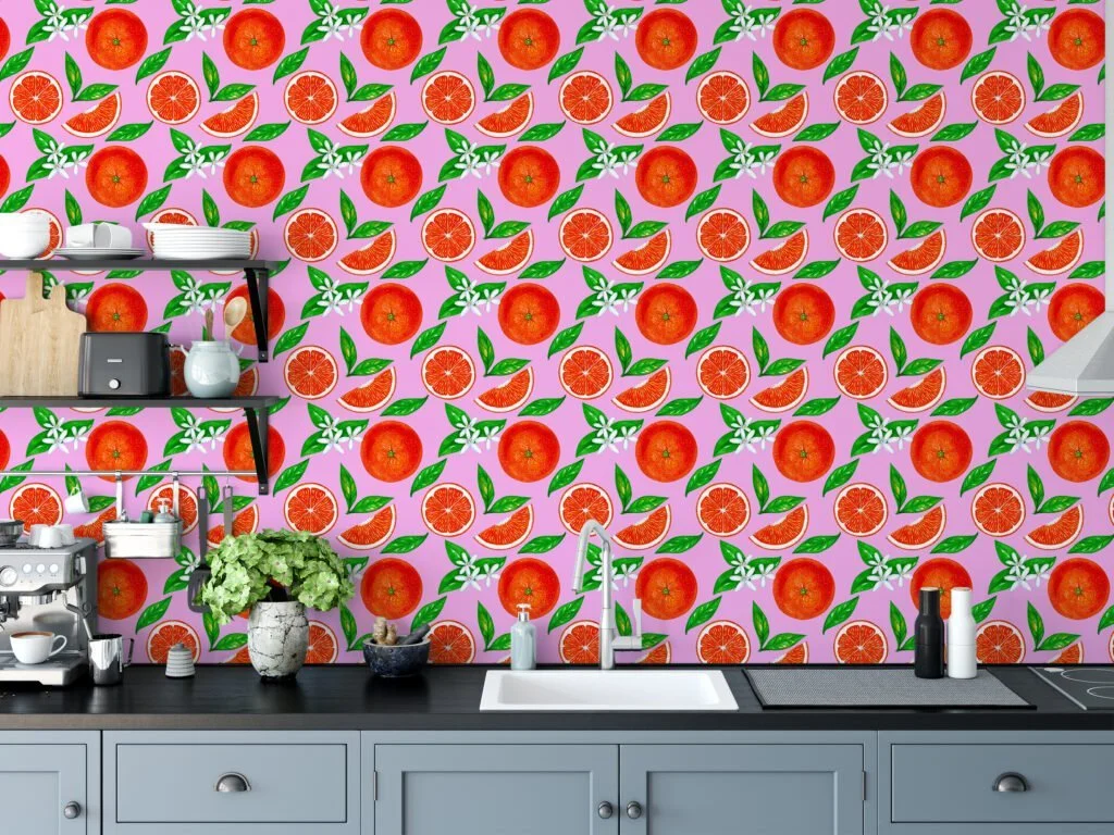 Bright Colored Oranges Drawing With Pink Background Wallpaper, Blooming Orange Citrus Peel & Stick Wall Mural