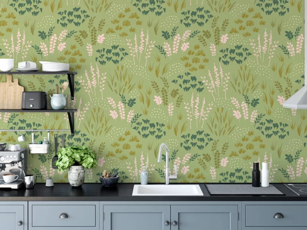 Green Flat Art Flowers And Leaves Illustration Wallpaper, Gentle Green Garden Peel & Stick Wall Mural