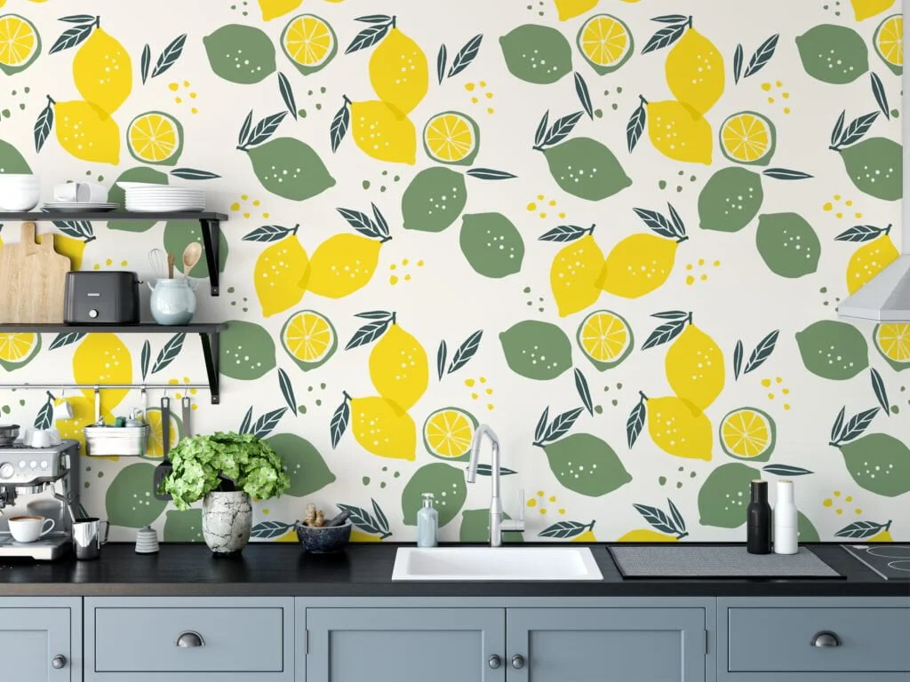 Lemon And Leaves Illustration Wallpaper, Zesty Lemon Grove Peel & Stick Wall Mural