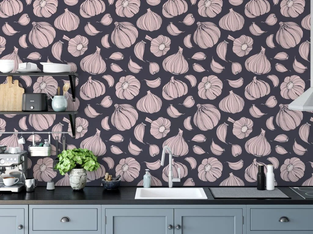 Garlic Vegetable Illustration Pattern Wallpaper, Modern Kitchen Chic Peel & Stick Wall Mural