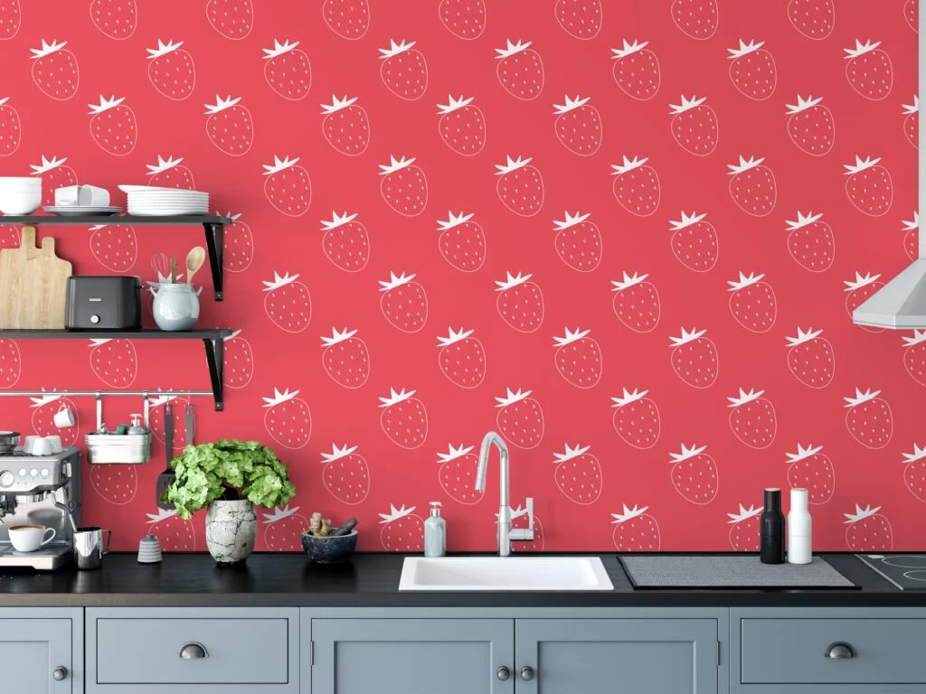 Simple Strawberries Pattern Illustration Wallpaper, Delightful Hot Pink Fruit Peel & Stick Wall Mural