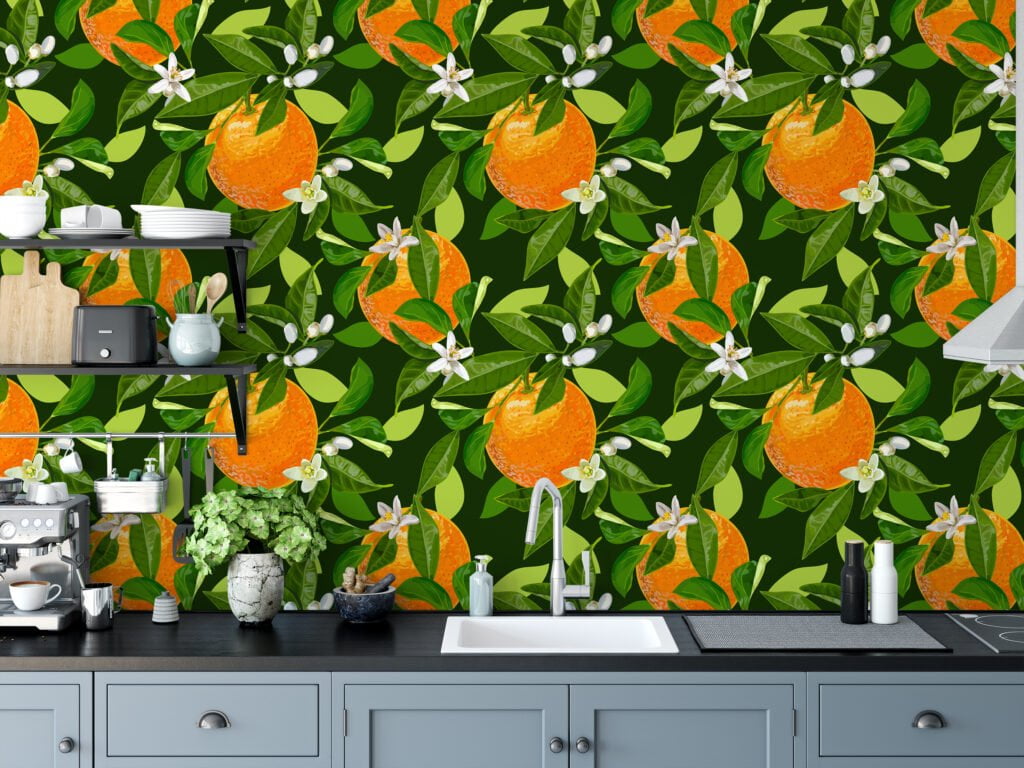 Oranges Illustration Wallpaper, Tropical Fresh Citrus Peel & Stick Wall Mural