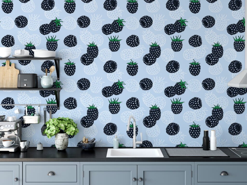 Black Berries Pattern Illustration Wallpaper, Whimsical Berries on Soft Blue Peel & Stick Wall Mural