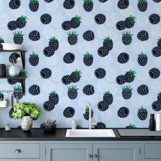Black Berries Pattern Illustration Wallpaper, Whimsical Berries on Soft Blue Peel & Stick Wall Mural