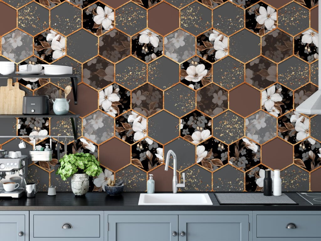 Grey And Brown Floral Hexagon Geometric Tiles Illustration Wallpaper, Elegant Flowers Peel & Stick Wall Mural