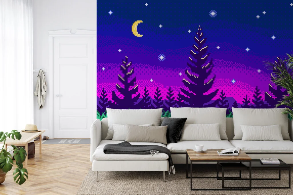 Pixel Art Night Trees With Purple Gradient Background Wallpaper, Pixelated Starry Night Forest Peel & Stick Wall Mural