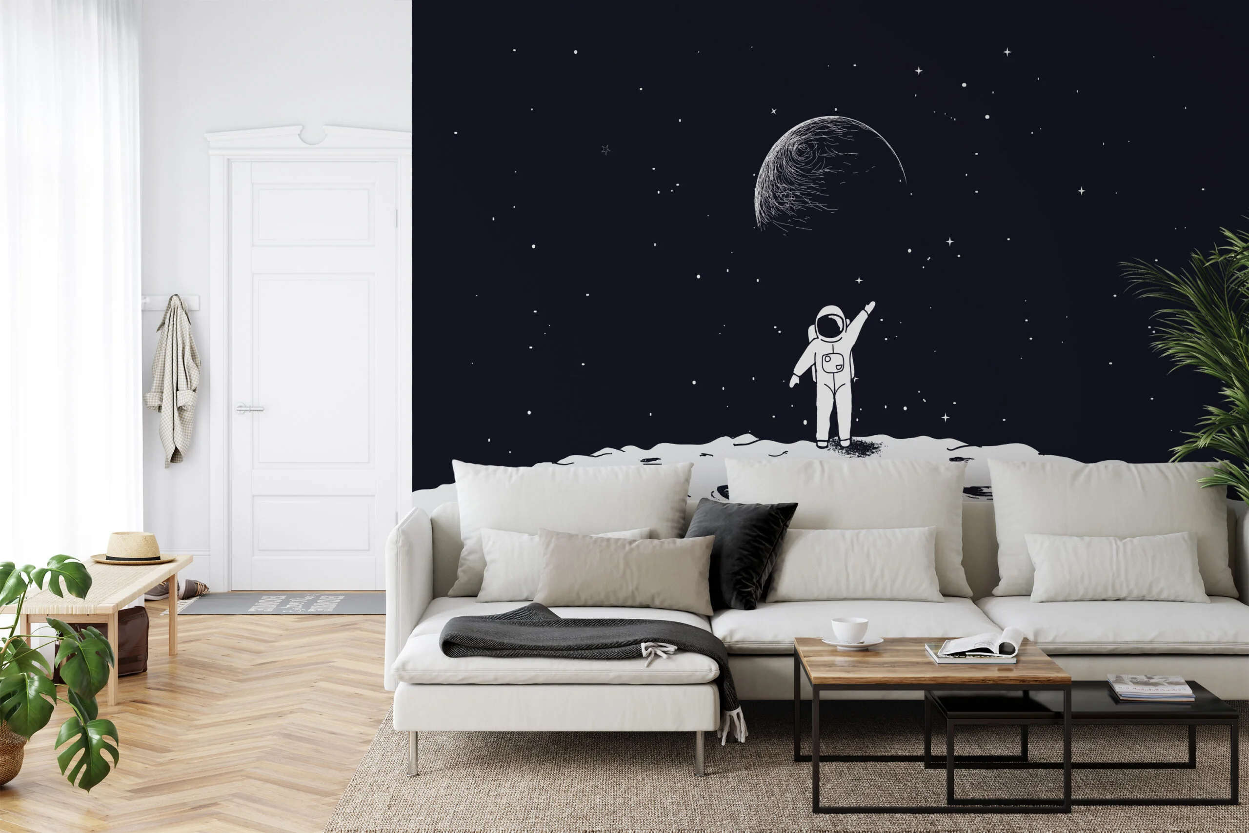 Black And White Astronaut In Space Illustration Wallpaper, Astronaut Gazing At Galaxy Peel & Stick Wall Mural