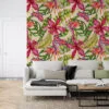 Tropical Colorful Floral Illustration With Butterflies Wallpaper, Exotic Botanical Peel & Stick Wall Mural