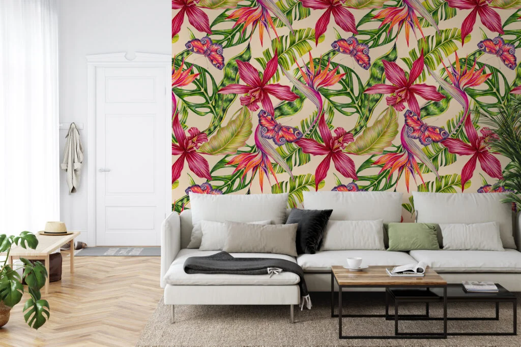 Tropical Colorful Floral Illustration With Butterflies Wallpaper, Exotic Botanical Peel & Stick Wall Mural