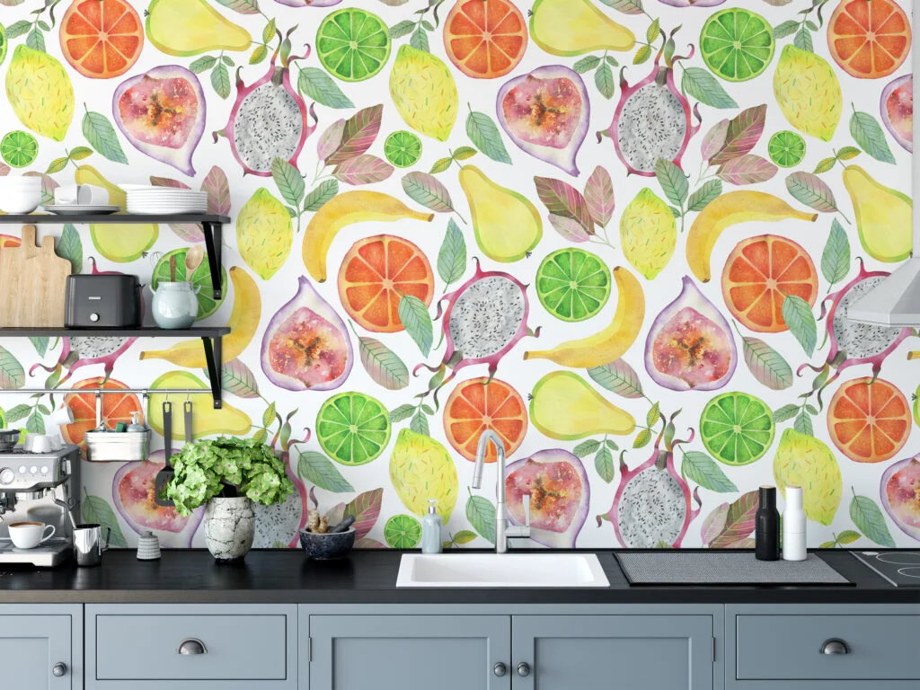 Watercolor Style Exotic Fruits Pattern Illustration Wallpaper, Juicy Delightful Fresh Fruit Peel & Stick Wall Mural