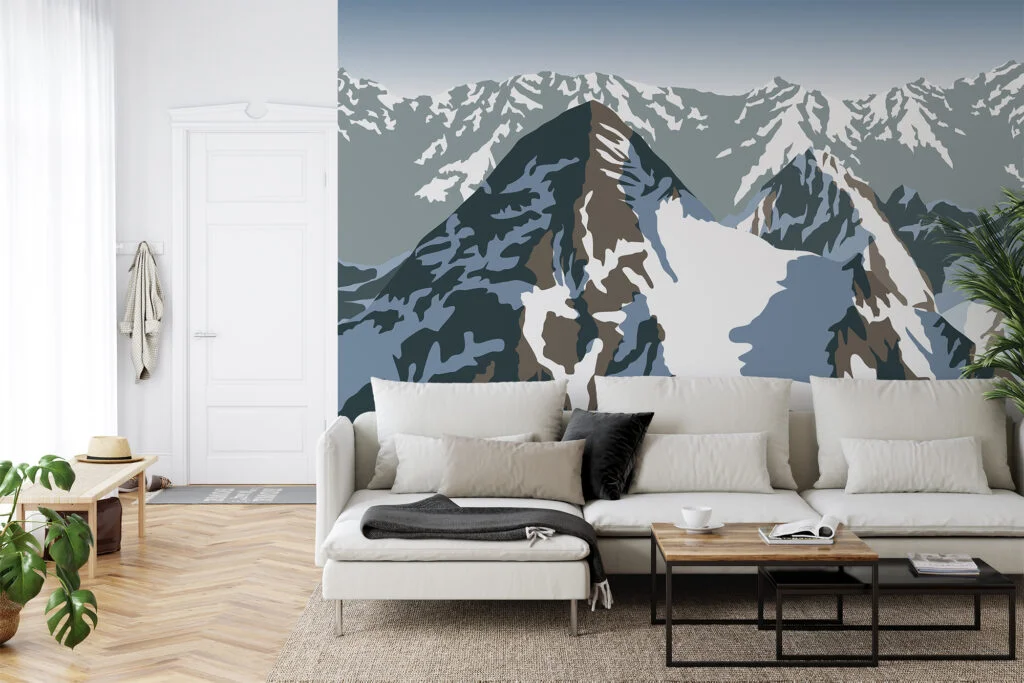 Flat Art Snowy Mountains Illustration Wallpaper, Abstract Landscape Peel & Stick Wall Mural