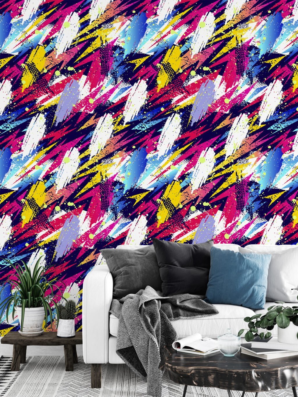 Abstract 90's Brush Strokes Illustration Wallpaper, Dynamic Graffiti Peel & Stick Wall Mural