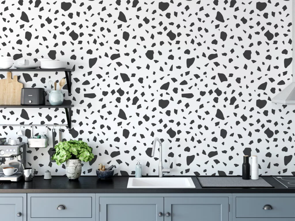 Dark Grey Block Pattern Illustration, Minimalist Terrazzo Black & White Peel & Stick Wall Mural