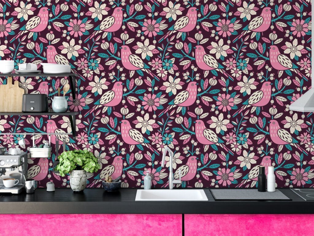 Colorful Folk Art Birds And Flowers Wallpaper, Vintage Pink Birds & Floral Peel & Stick Wall Mural
