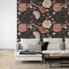 Traditional Style Floral Wallpaper With Rose Pink Birds and A Dark Background Wallpaper, Vintage Elegant Peel & Stick Wall Mural