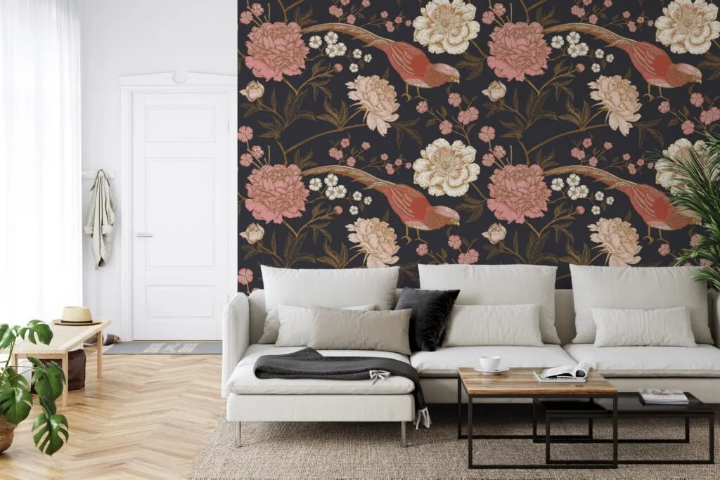 Traditional Style Floral Wallpaper With Rose Pink Birds and A Dark Background Wallpaper, Vintage Elegant Peel & Stick Wall Mural