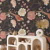 Traditional Style Floral Wallpaper With Rose Pink Birds and A Dark Background Wallpaper, Vintage Elegant Peel & Stick Wall Mural